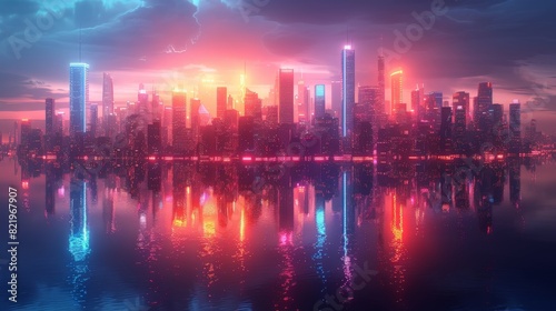 Modern city skyline with building scenery at sunset.