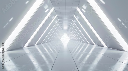 A futuristic sci-fi triangle tunnel with an empty light corridor and a modern white background. 3D rendering.