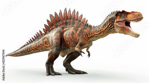 This is a 3D rendering of a spinosaurus on a white background. Spinosaurus lived in the Cretaceous period and was one of the largest carnivores.