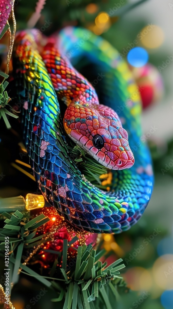 A close-up view of a multi-colored, decorative snake coiled on a Christmas tree, with festive lights in the background.