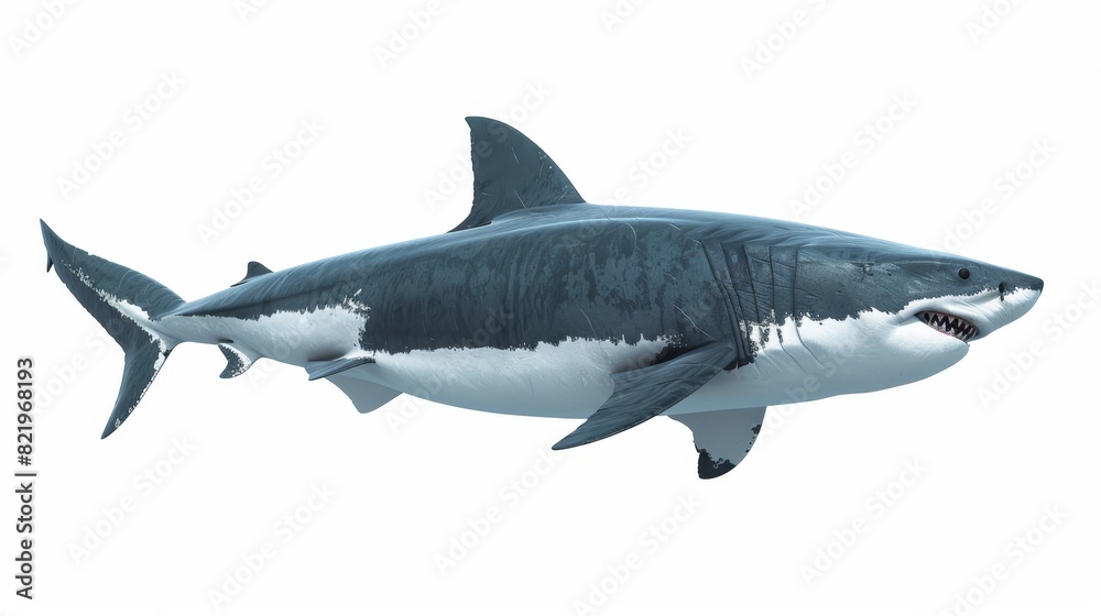 A white shark, a marine predator, is viewed from the side. 3D rendering. A white shark, a marine predator, is viewed from the side. 3D rendering.