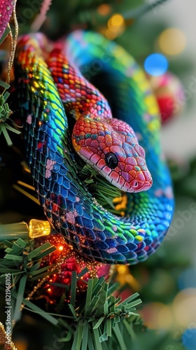 A close-up view of a multi-colored, decorative snake coiled on a Christmas tree, with festive lights in the background. © Zhanna