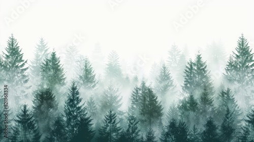 Isolated fir trees on a white background with a seamless pattern of a foggy spruce forest.