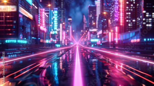 This image shows a photorealistic 3D representation of a futuristic city dominated by neon lights in the style of cyberpunk.