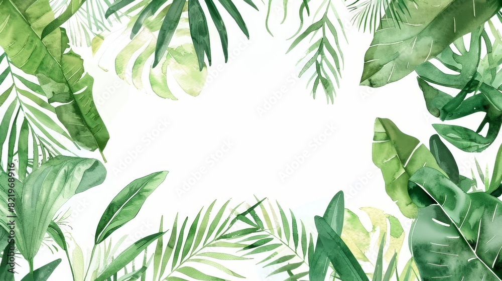 Frame with tropical green leaves and branches painted in watercolor. Perfect for wedding invitations, saving the date cards, or greeting cards. Frame with tropical green leaves and branches painted in watercolor. Perfect for wedding invitations, saving the date cards, or greeting cards.
