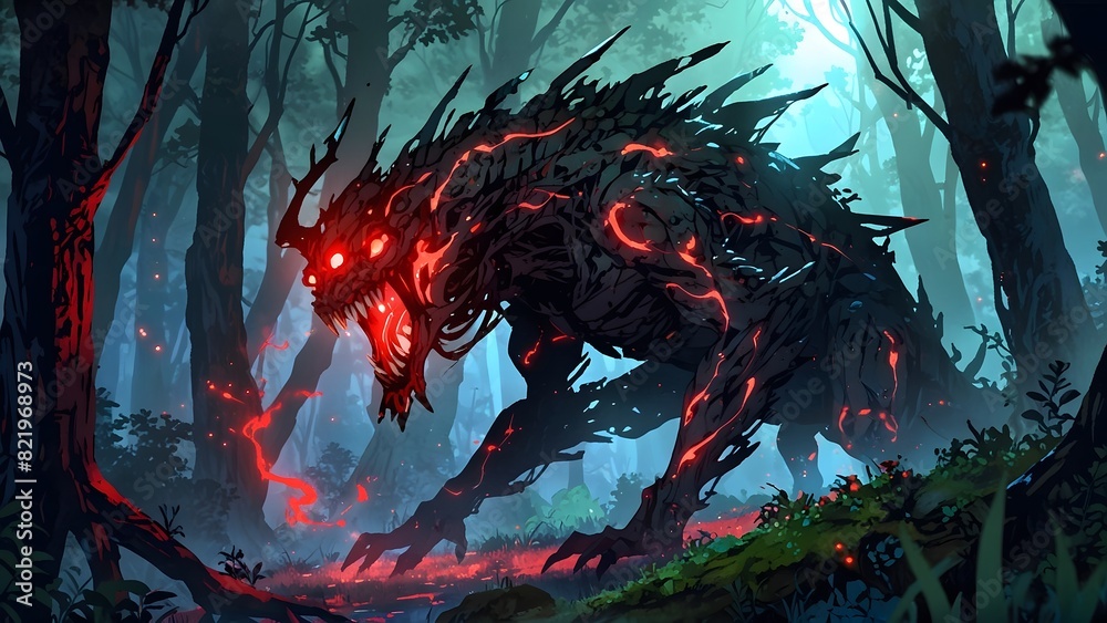Fototapeta premium Illustration of a terrifying creature, dark magic and mythical beasts, glowing red markings, cinemtic look