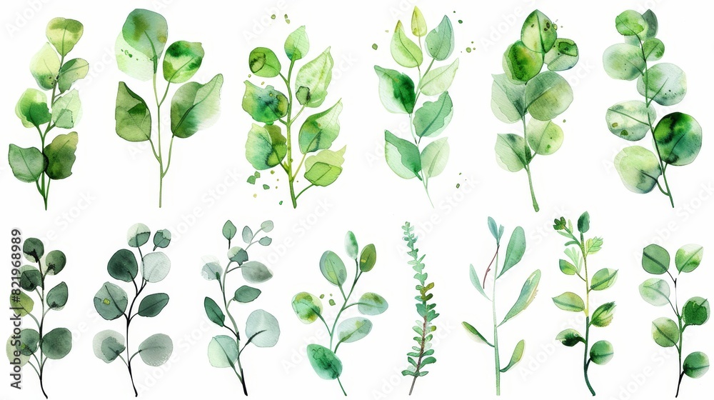 This watercolor illustration set features a collection of green leaf branches. It can be used for wedding stationary, greetings, wallpaper, fashion, backgrounds, etc. Eucalyptus, olives, and green This watercolor illustration set features a collection of green leaf branches. It can be used for wedding stationary, greetings, wallpaper, fashion, backgrounds, etc. Eucalyptus, olives, and green
