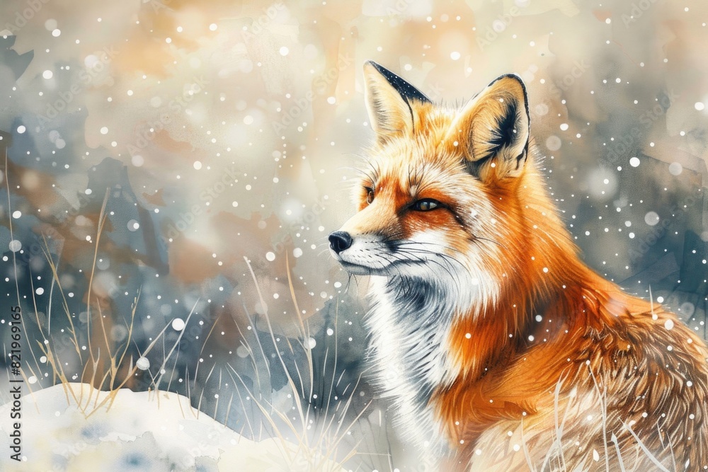 Obraz premium A beautiful painting of a fox in the snow. Perfect for winter-themed designs