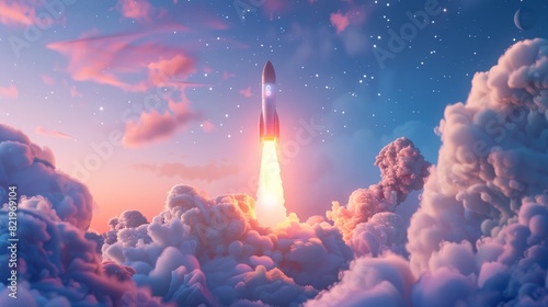 Describes the process of developing a new product or service. Shows space rocket launch in 3D. photo