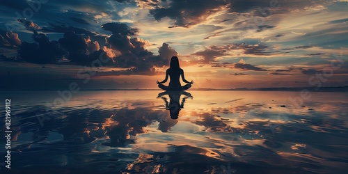 Yoga meditation. Spiritual mental health practice with reflection of woman in lotus pose Peaceful place to relax on the beach Training during sunset photo