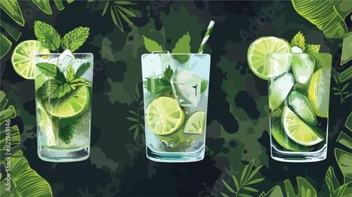 Collage with fresh tasty mojito cocktails on dark background