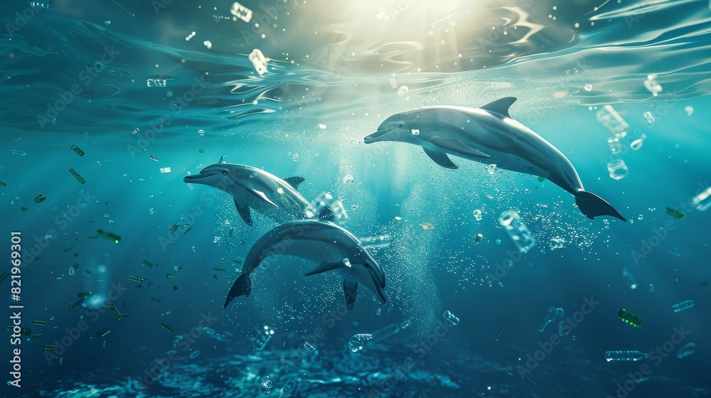 Fototapeta premium Imagining dolphins swimming in an ocean filled with plastic waste and microplastics. Illustration depicting ocean water pollution.