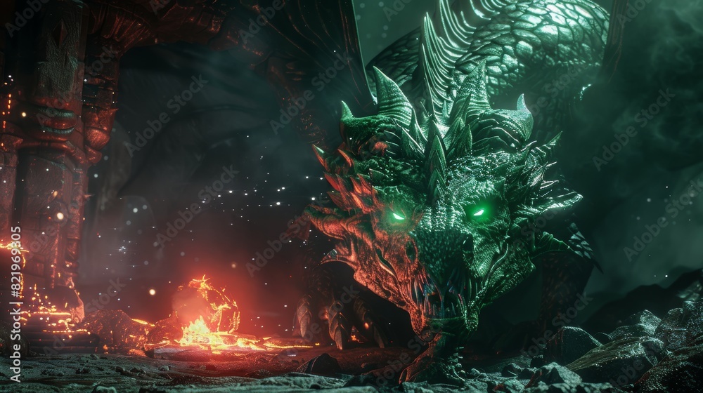 Mythological creature with glowing green eyes and flames in a dark cave. Concept art of the Gothic dragon's head. 3D illustration of the final boss location.