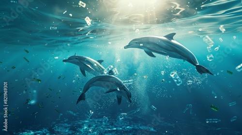 Imagining dolphins swimming in an ocean filled with plastic waste and microplastics. Illustration depicting ocean water pollution.
