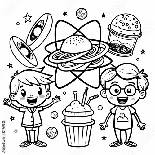 Children with space-themed elements. Black and white vector illustration. Design for coloring books, print.