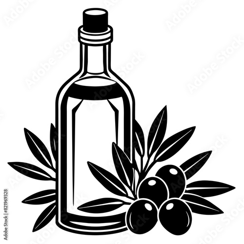 "Olive oil bottle with olives and leaves. Black and white vector illustration. Design for labels, packaging, print.