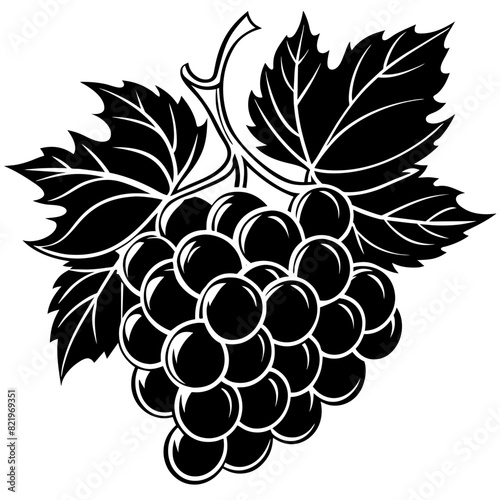 Bunch of grapes with leaves. Black and white vector illustration. Design for labels, packaging, print.