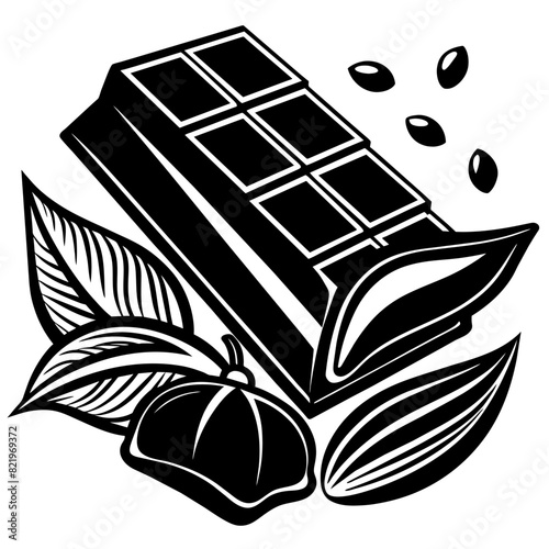 "Chocolate bar with cocoa beans and leaves. Black and white vector illustration. Design for labels, packaging, print.