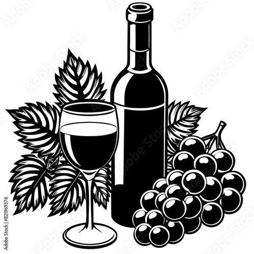 Wine bottle and glass with grape bunch. Black and white vector illustration. Design for labels, packaging, print.