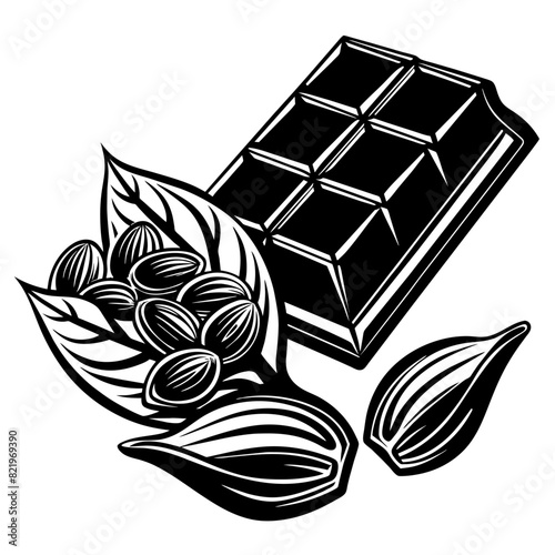 "Chocolate bar with cocoa beans and leaves. Black and white vector illustration. Design for labels, packaging, print. © milanchikov