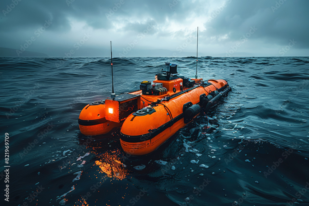 Orange autonomous underwater vehicle floating on a dark, choppy sea under a cloudy sky. World Ocean Day.