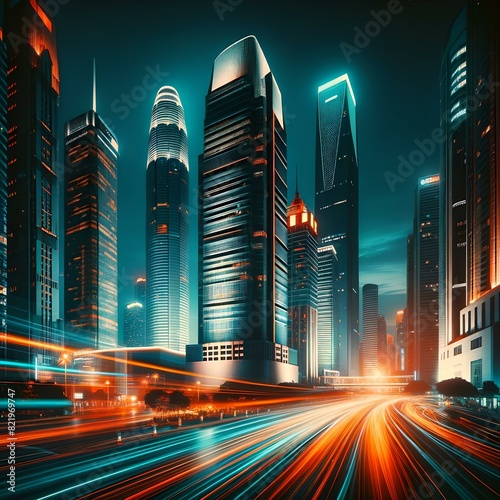 ville futuriste de nuit avec gratte-ciel et filé des phares en pause longue photo