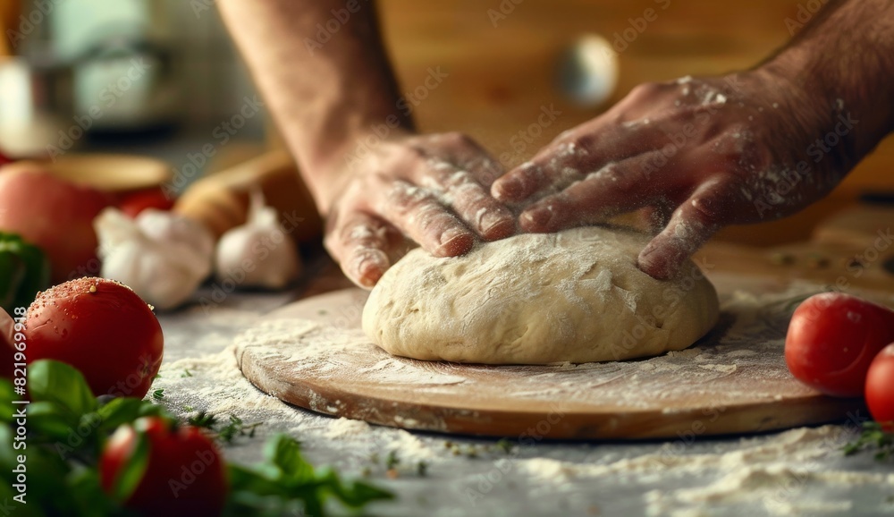 A close-up shot of hands kneading dough on the kitchen counter A close-up shot of hands kneading dough on the kitchen counter