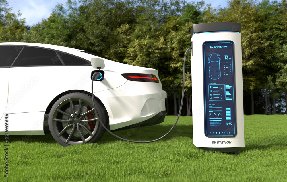 Electric car is charging the battery at the Ev charging station. 3D ...
