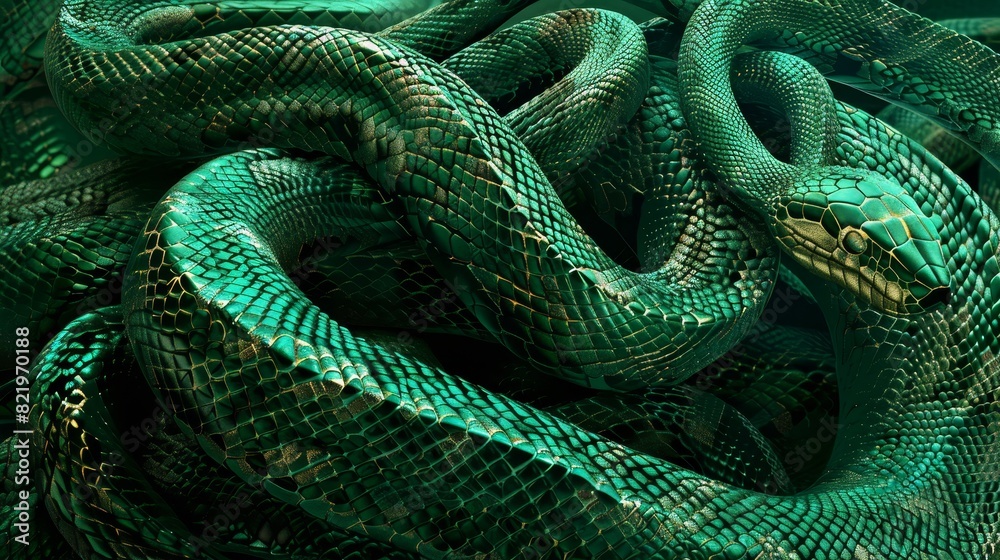 Fototapeta premium Green metallic snakes tangled on a fantasy background. 3D rendered image.