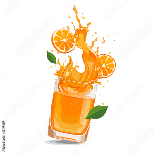 Splashes of red orange juice with slices. Vector clipart with citrus drink isolated for design
