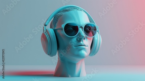 An image of sunglasses and headphones on a sculpture of a human head. A music concept, rendered in 3D.