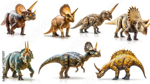 Set of dinosaurs with Triceratops horridus on white background