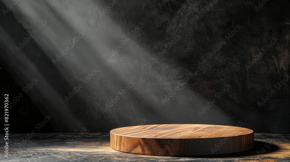 A wooden platform with a spotlight shining on it, set against a dark background. Perfect for showcasing products or creating a dramatic mood. A wooden platform with a spotlight shining on it, set against a dark background. Perfect for showcasing products or creating a dramatic mood.