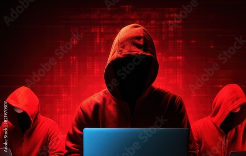 faceless hackers in red shadows using laptops, along with abstract digital symbols. Hacker. cyber security concept with copy space.