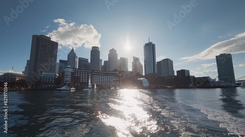 A scenic view of a city skyline from a boat on the water. Suitable for travel and tourism concepts