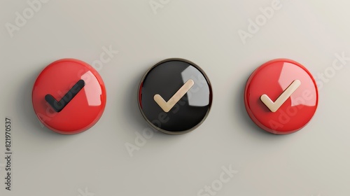 A set of glossy round icons with a check mark and a cross. A set of realistic right and wrong 3D buttons. Modern illustration. Symbols of acceptance, rejection, and attention.
