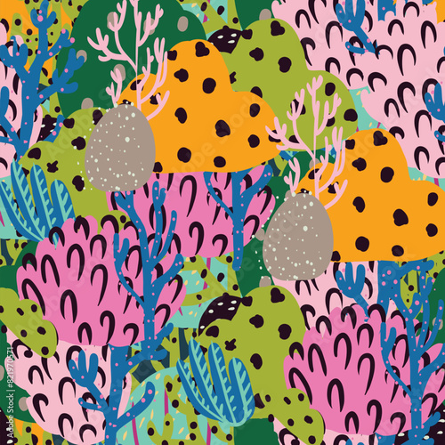 A seamless pattern of colorful corals and seaweed in pink and orange hues. An artistic representation of natures beauty, perfect for textile products inspired by marine botany. Simple cartoon design
