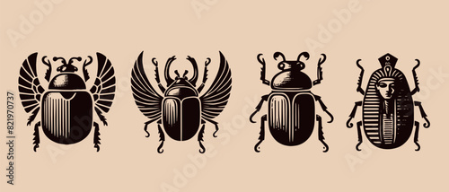 Egyptian sacred scarab beetle. Set. vintage engraving illustration, emblem, logo