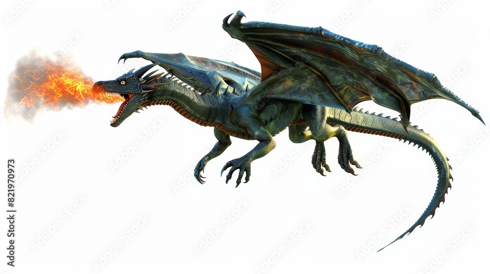 A 3D illustration of a flying green dragon or wyvern breathing fire downwards on a transparent background. A 3D illustration of a flying green dragon or wyvern breathing fire downwards on a transparent background.
