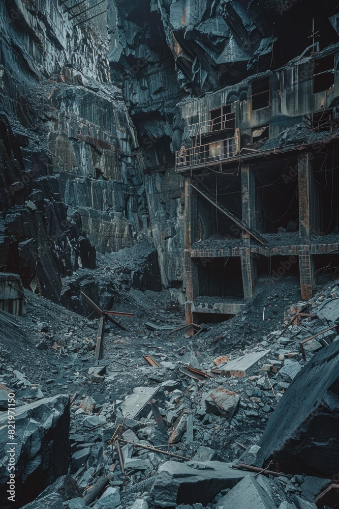 A very old building surrounded by debris. Suitable for historical or disaster-themed projects.