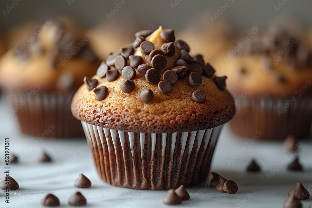 A delicious cupcake with colorful sprinkle placed on a gray floor white messy icing sugar and chocolate chip isolated on blurred background of a studio. A delicious cupcake with colorful sprinkle placed on a gray floor white messy icing sugar and chocolate chip isolated on blurred background of a studio.