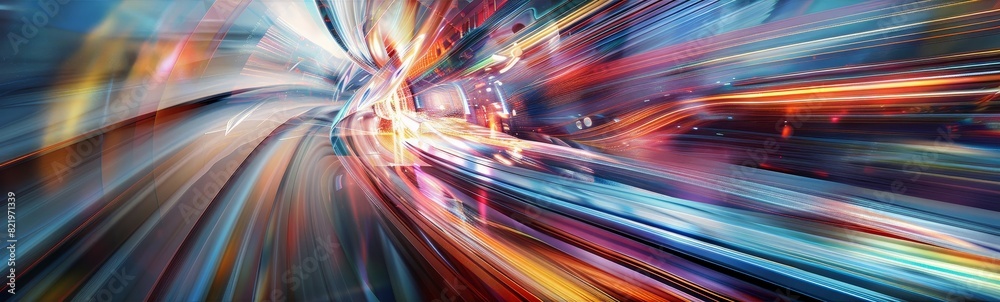 Artistic blur, geometric shapes dance across a tech display, representing digital innovation and speed.