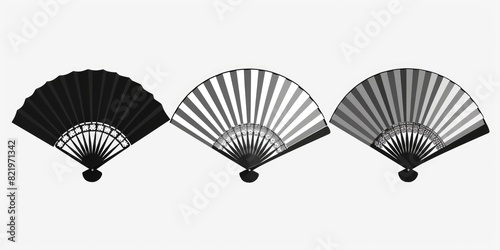Three elegant black and white hand fans on a white background. Perfect for fashion or summer themed designs