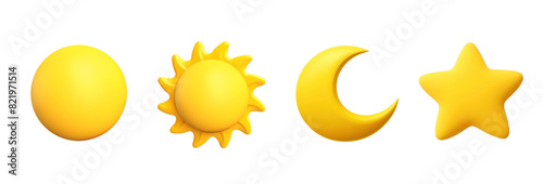 3d sun moon star png element set on transparent background