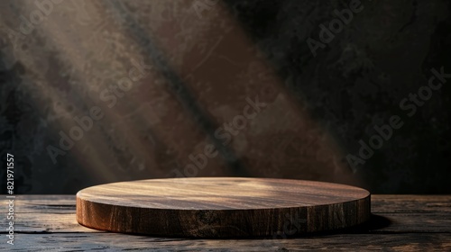 A rustic wooden cutting board sits on a wooden table with a soft light shining on it. The background is a dark, textured wall. Perfect for showcasing food or products.