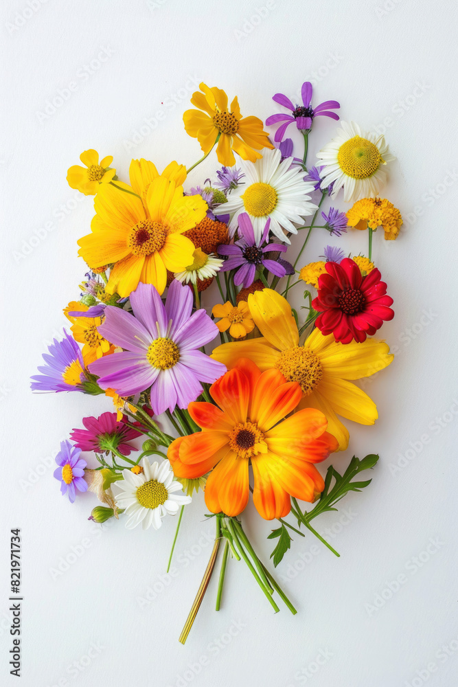 Small bouquet with mixed bright flowers on white background