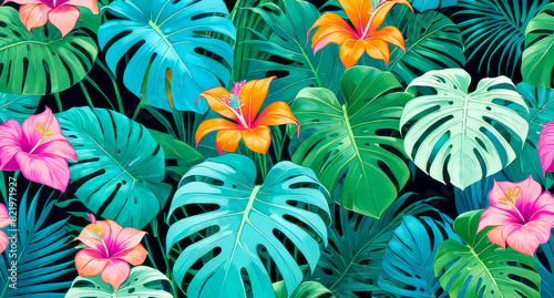 Green tropical leaves and flowers painting style seamless background. Summer concept.Generative AI.
