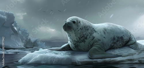 Digital art of an adult walrus with black spots on the ice in Antarctica with a dark grey sky and some rain falling. An iceberg floats nearby. Banner with copy space.