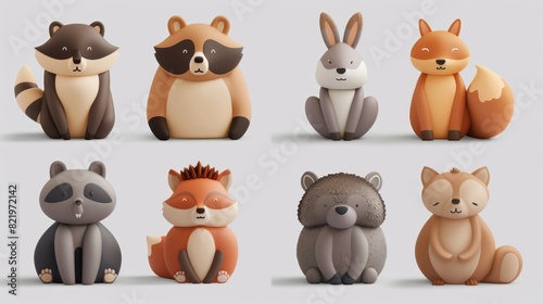 Bear  raccoon  fox  hare  squirrel  hedgehog and deer in 3D style. Isolated.