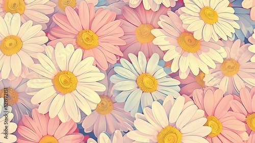 Floral seamless pattern in vintage 1970s style  groovy artwork  y2k nature backdrop with daisy flowers.